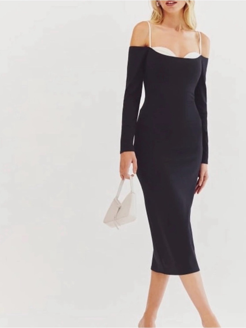 Reformation Black Off-Shoulder Midi Dress with White Bust Accents
